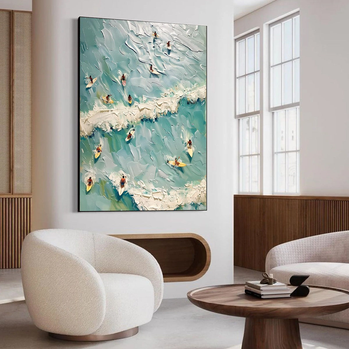 SURF'S UP: Textured Aerial View of Surfers Oil Painting - Image 4