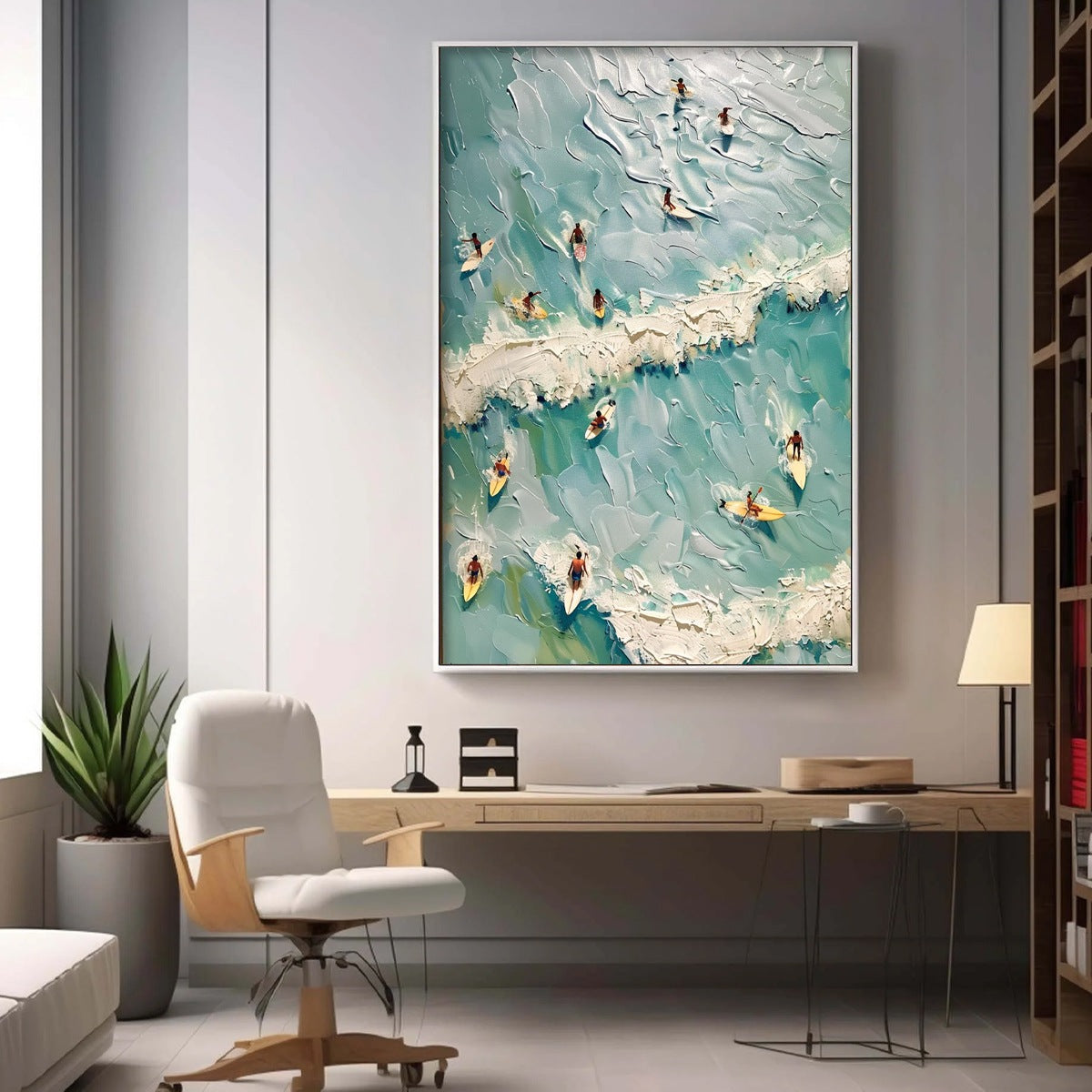 SURF'S UP: Textured Aerial View of Surfers Oil Painting - Image 6