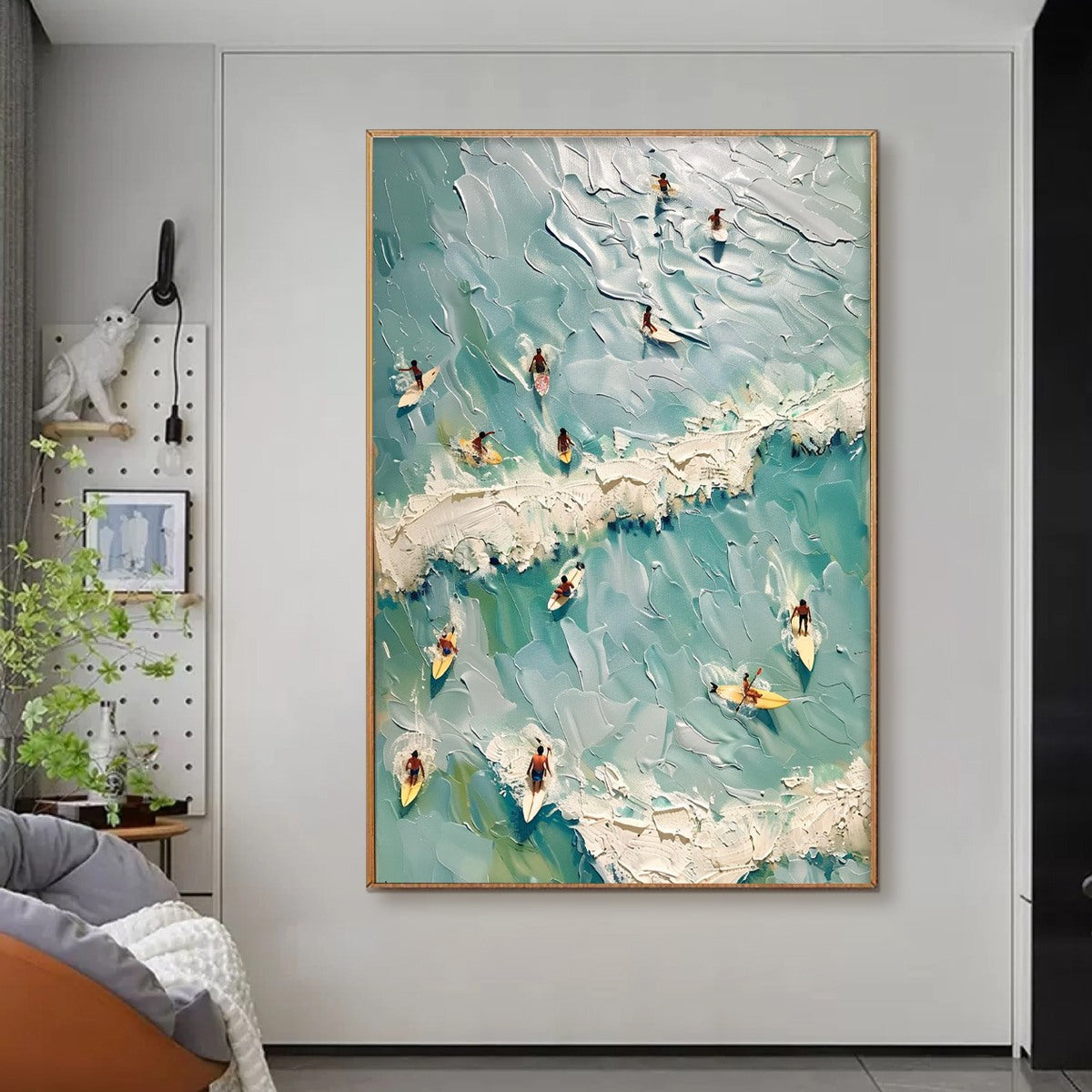 SURF'S UP: Textured Aerial View of Surfers Oil Painting - Image 2