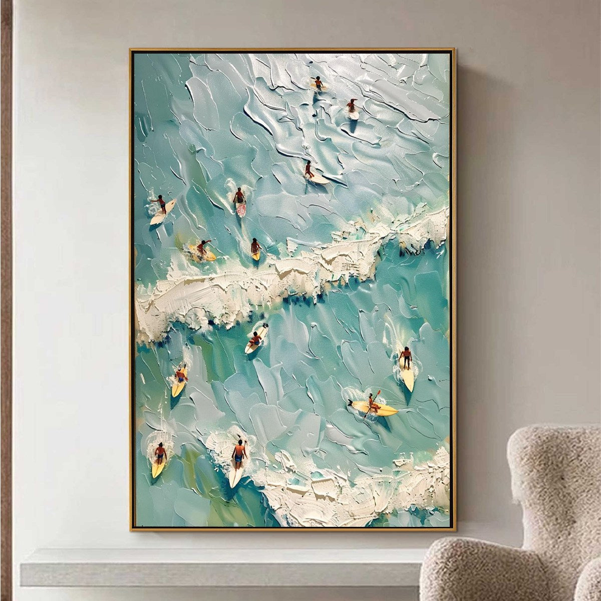 SURF'S UP: Textured Aerial View of Surfers Oil Painting - Image 7