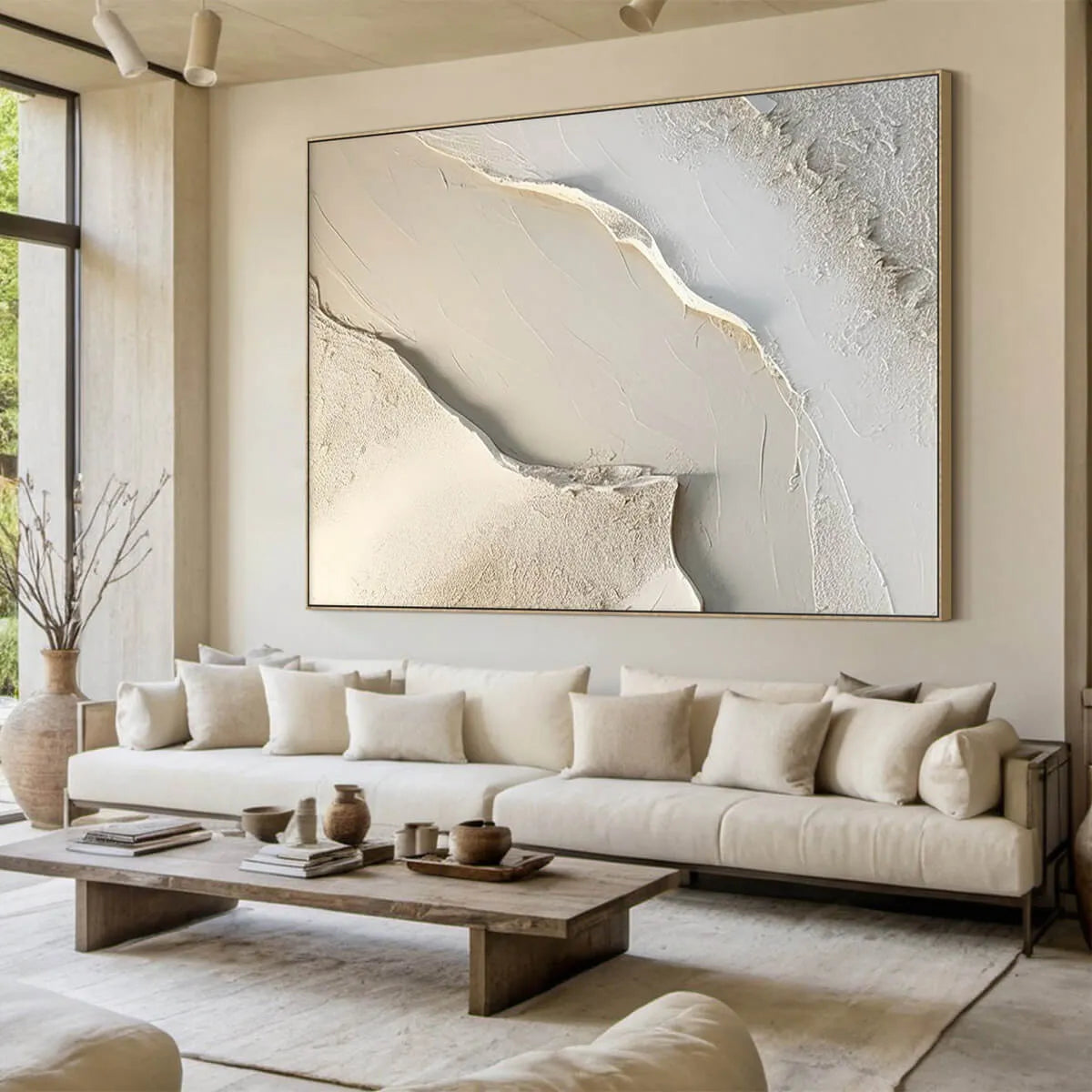 SERENE PATHWAYS: Minimalist Beige Textured Impasto Oil Painting - Image 4