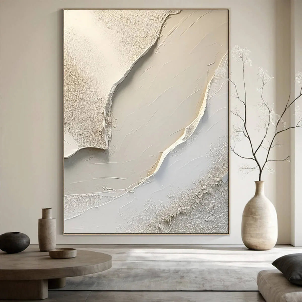 SERENE PATHWAYS: Minimalist Beige Textured Impasto Oil Painting - Image 2