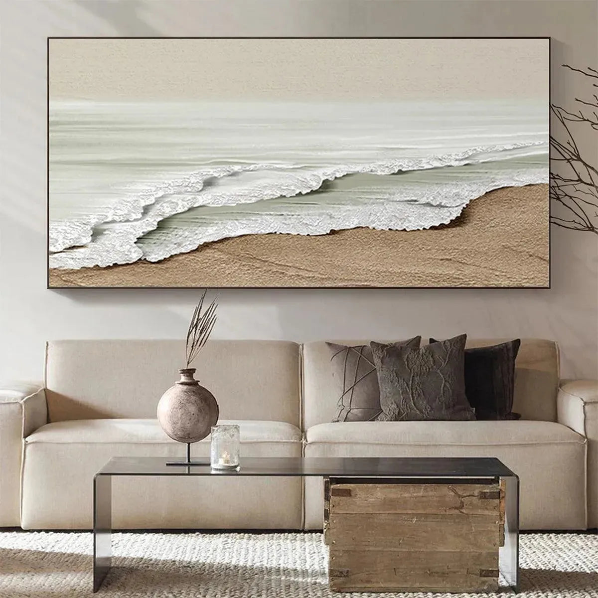 SERENE SHORE: Textured Coastal Landscape Painting in Beige - Image 2