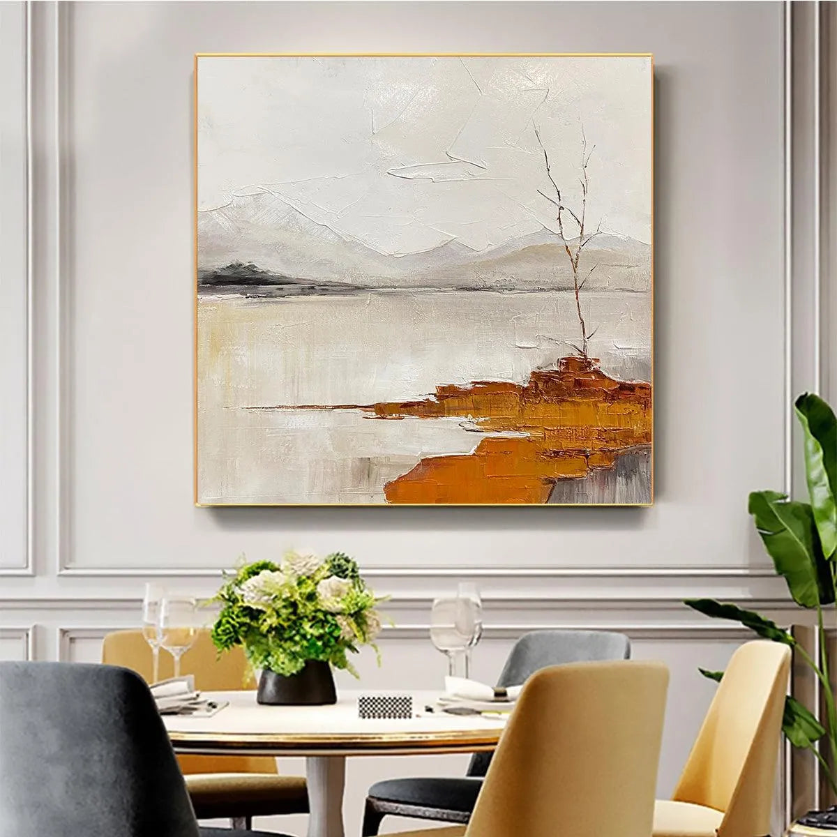 SERENE WATERS: Minimalist Landscape Painting in White, Grey, and Orange, Square Canvas Wall Art - Image 4