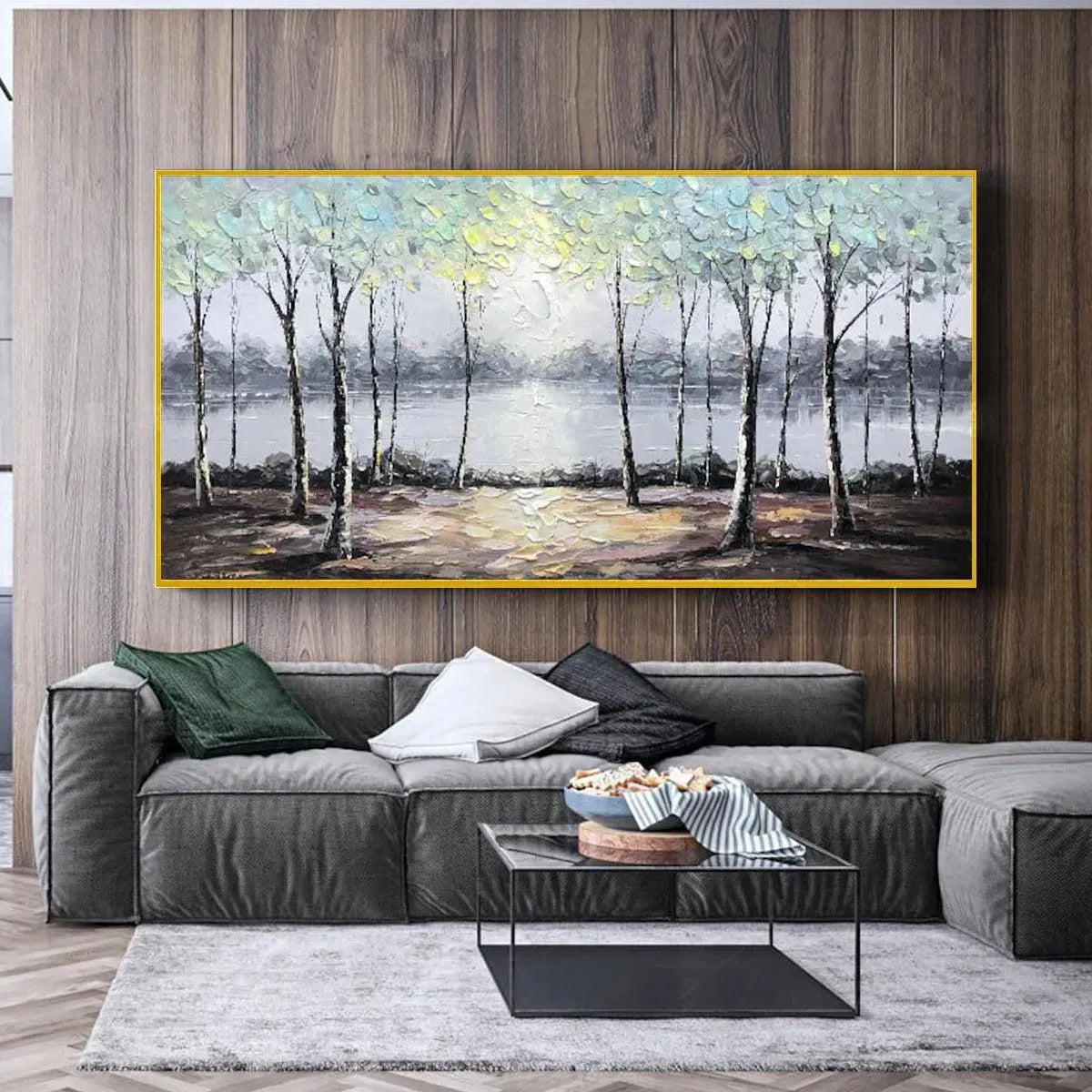 SERENE WATERS: Panoramic Landscape Painting, Textured Trees and Lake - Image 2