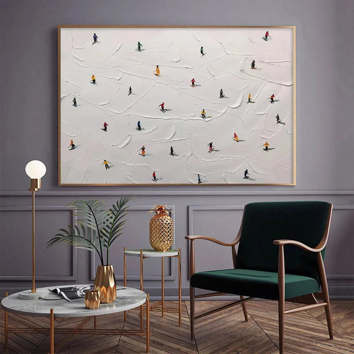 SKI SLOPES: Minimalist Painting of Skiers on a Snowy Slope - Image 2