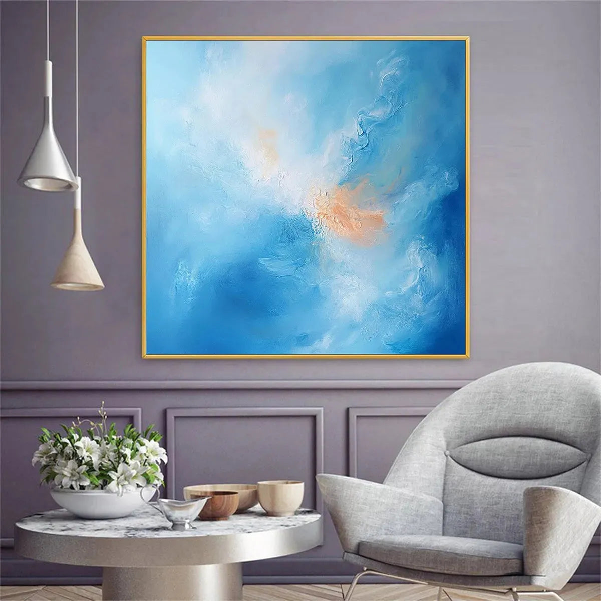 SKYSCAPE SERENITY: Abstract Blue and Peach Oil Painting - Image 6