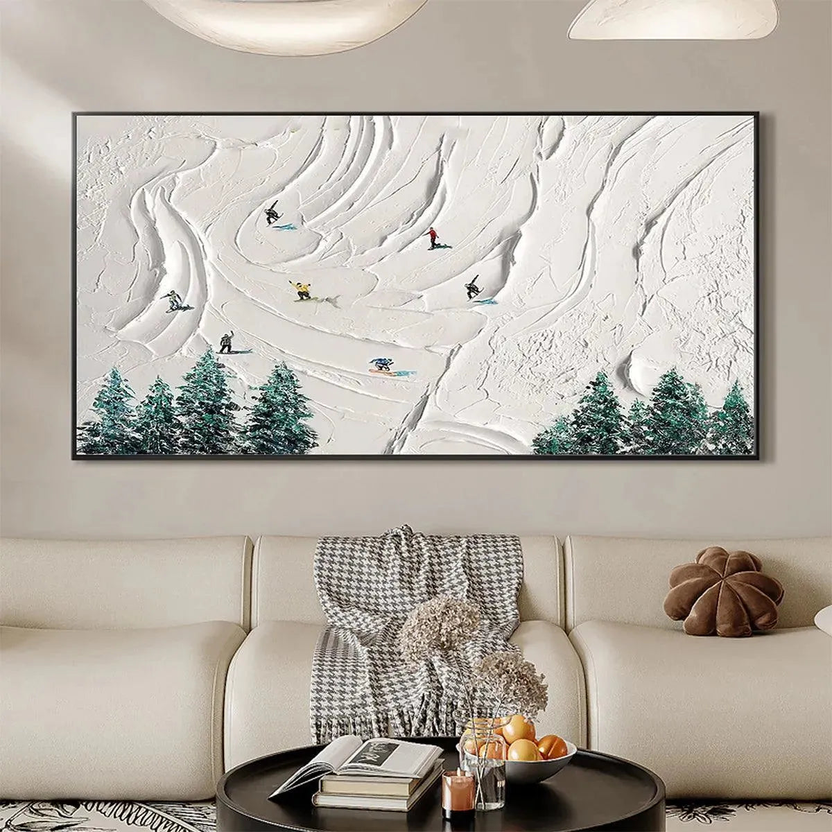 SNOWY PEAKS: Textured Minimalist Winter Landscape Painting with Skiers - Image 7