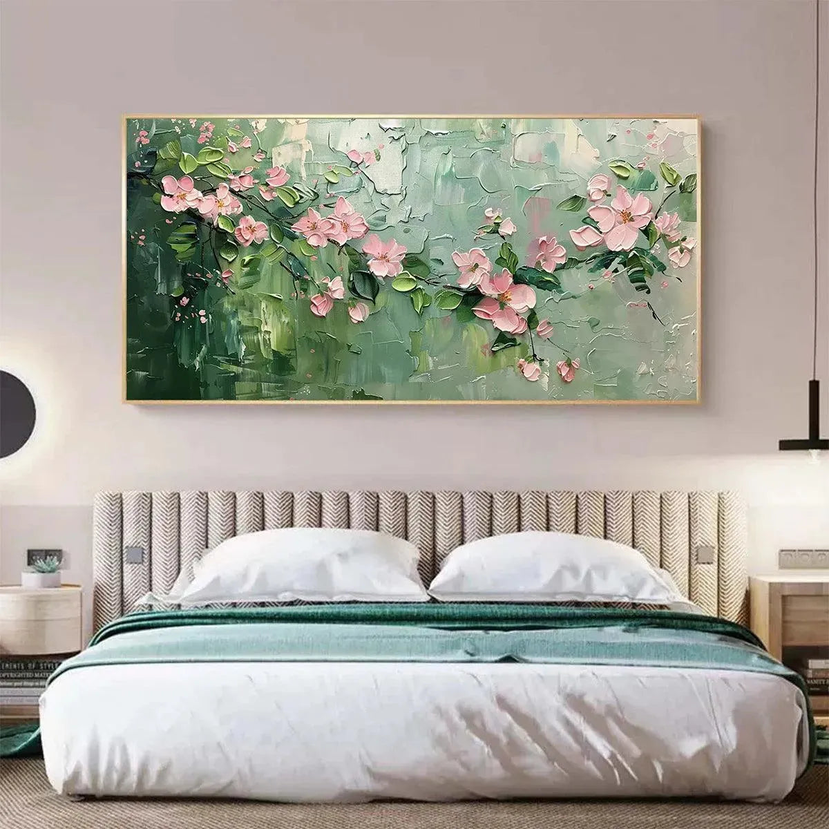 SPRING BLOSSOM: Textured Pink Floral Painting on Green Background - Image 8