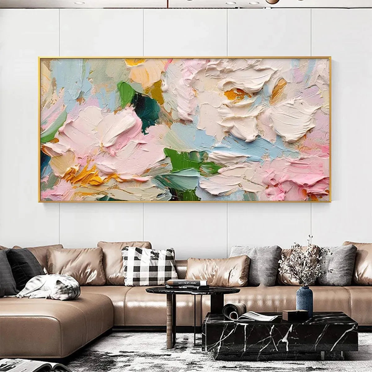 SPRING BOUQUET: Textured Floral Painting, Pastel Wall Art, Panoramic Canvas, Impasto Decor - Image 7