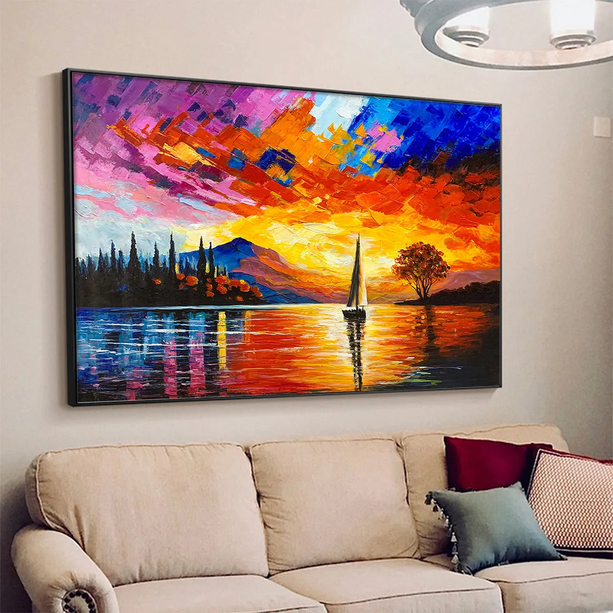 SAILING AT SUNSET: Square Impasto Landscape Painting of a Tranquil Lake - Image 4