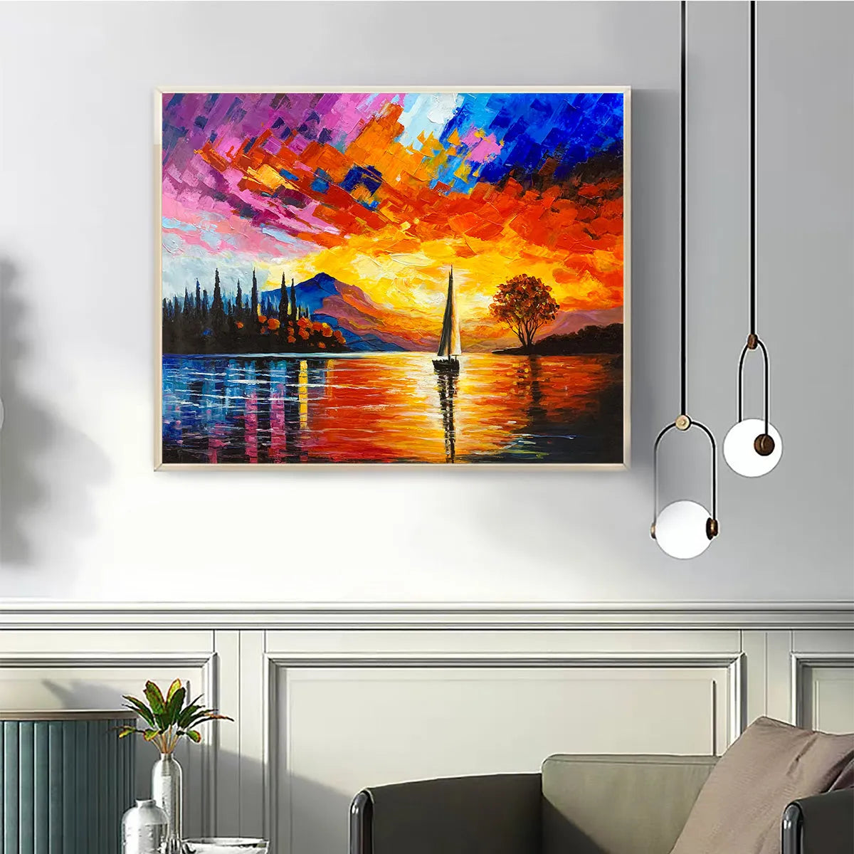 SAILING AT SUNSET: Square Impasto Landscape Painting of a Tranquil Lake - Image 2