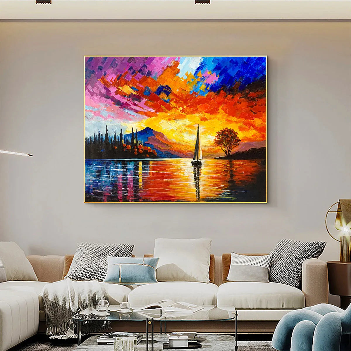 SAILING AT SUNSET: Square Impasto Landscape Painting of a Tranquil Lake - Image 6