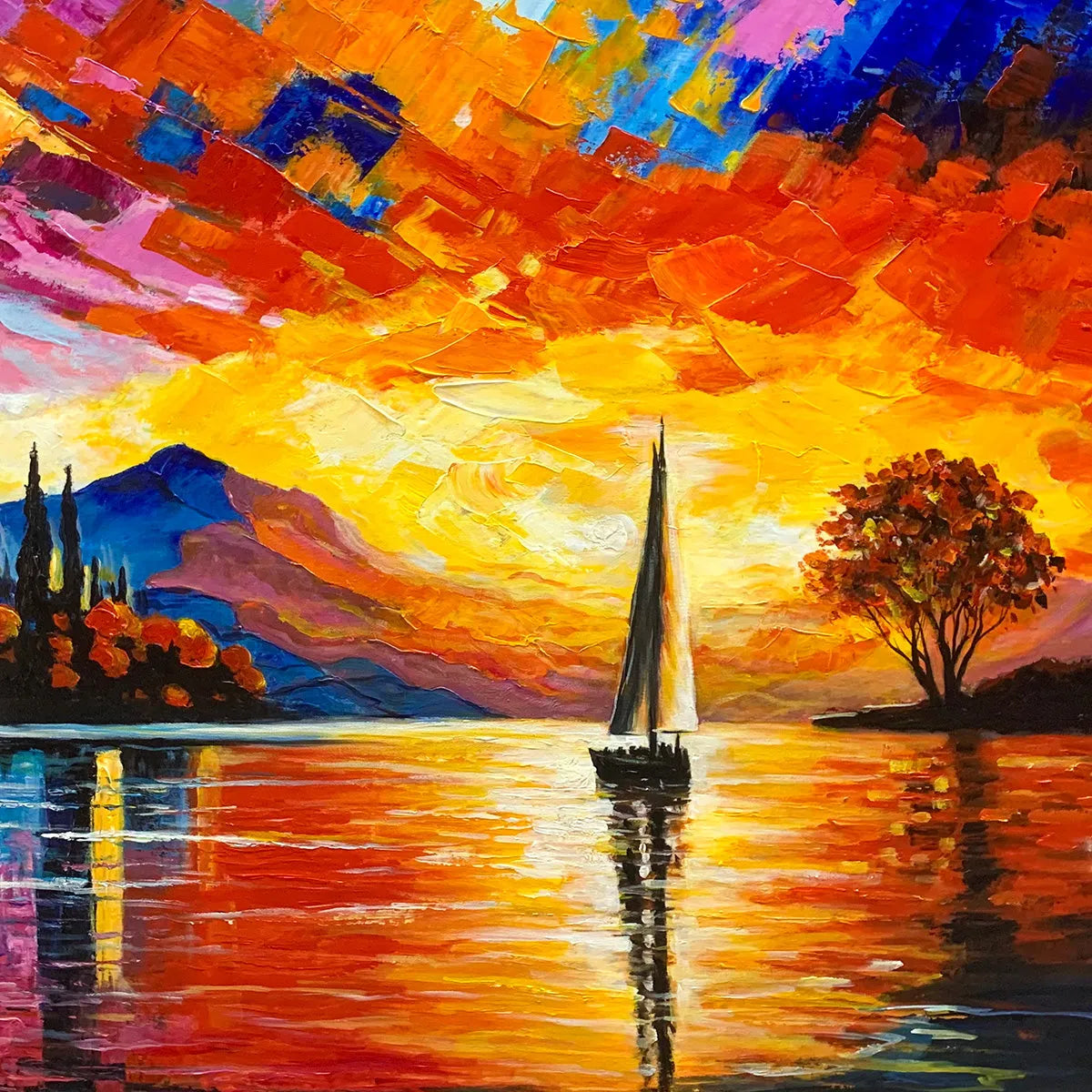 SAILING AT SUNSET: Square Impasto Landscape Painting of a Tranquil Lake - Image 3