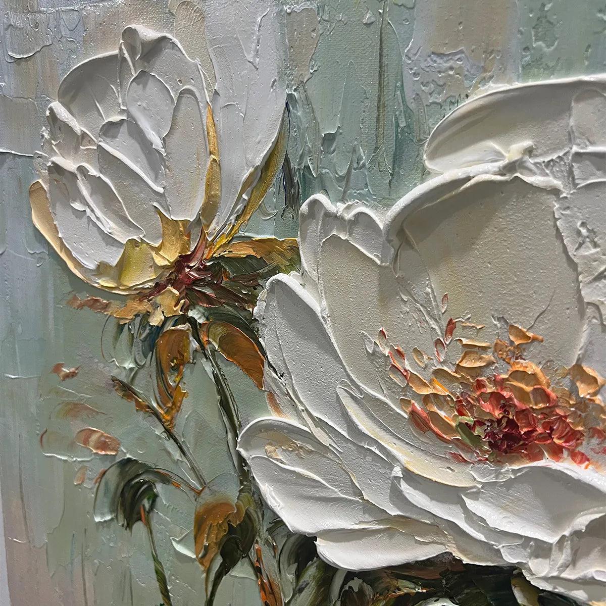 WHITE PEONY DUET: Square Impasto Peony Painting in Soft White - Image 5
