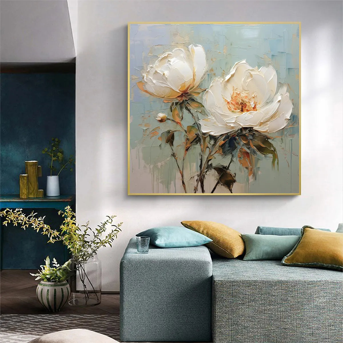 WHITE PEONY DUET: Square Impasto Peony Painting in Soft White - Image 6