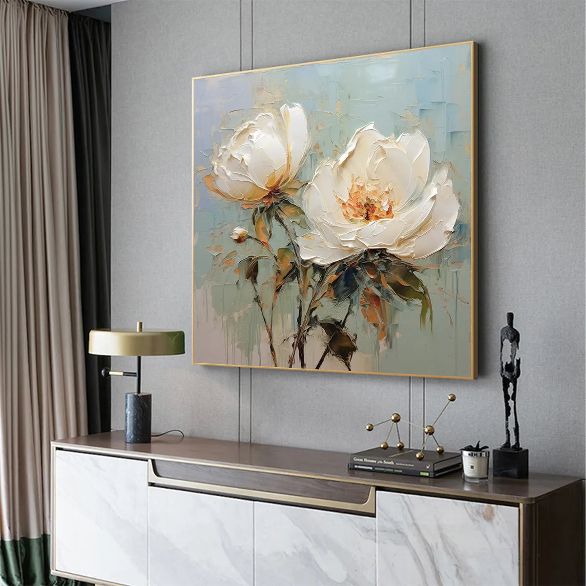 WHITE PEONY DUET: Square Impasto Peony Painting in Soft White - Image 4