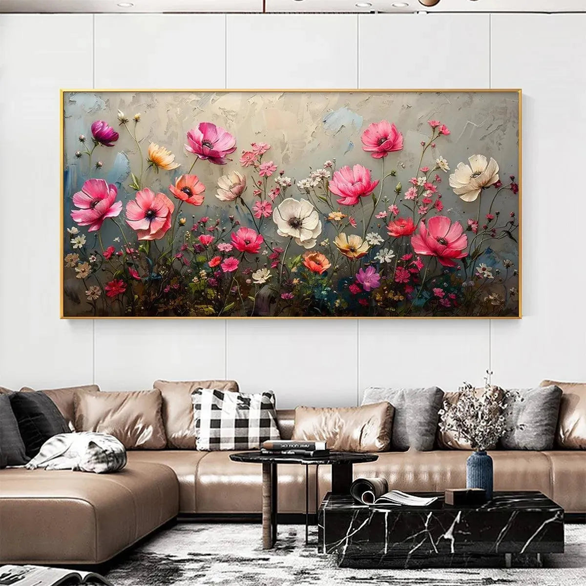 SUMMER BLOOM: Textured Pink and White Floral Painting on Grey Background - Image 2