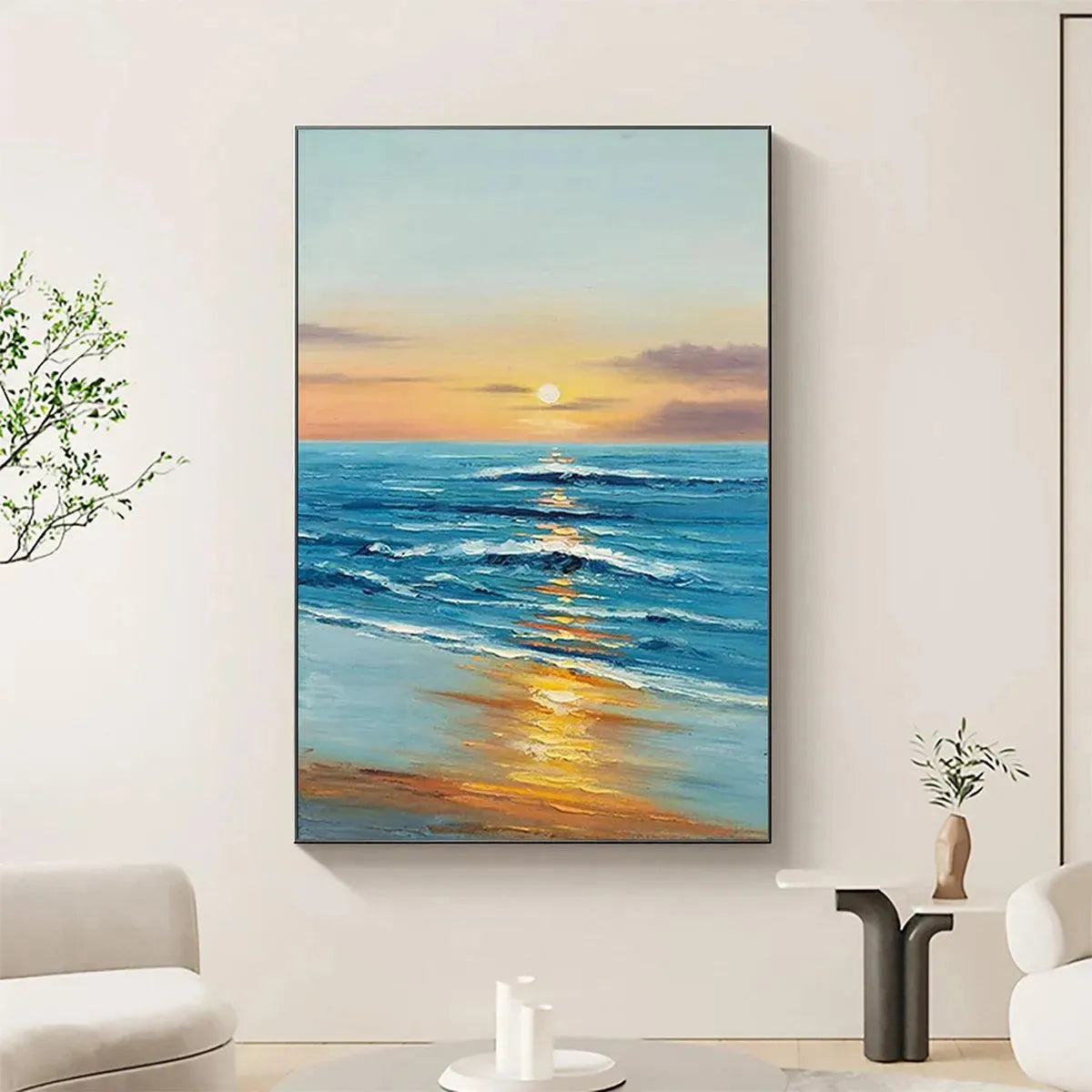 SUNKISSED SHORES: Vertical Ocean Sunset Painting, Beach Wall Art - Image 5