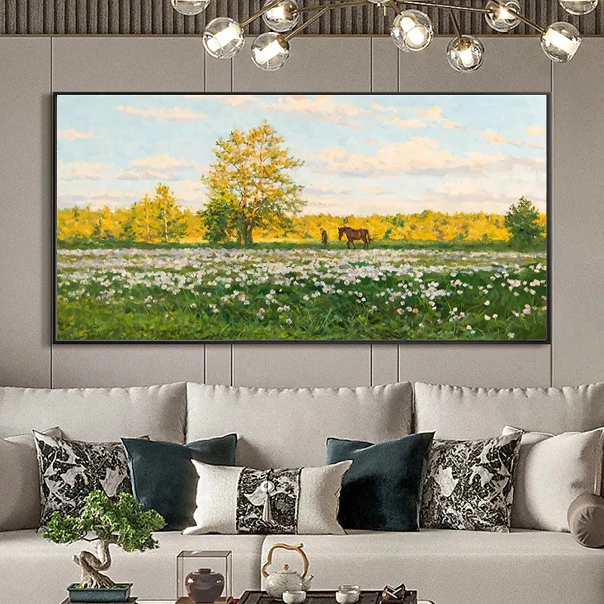 SUNLIT MEADOW: Tranquil Landscape Painting with Horse and Figure - Image 3