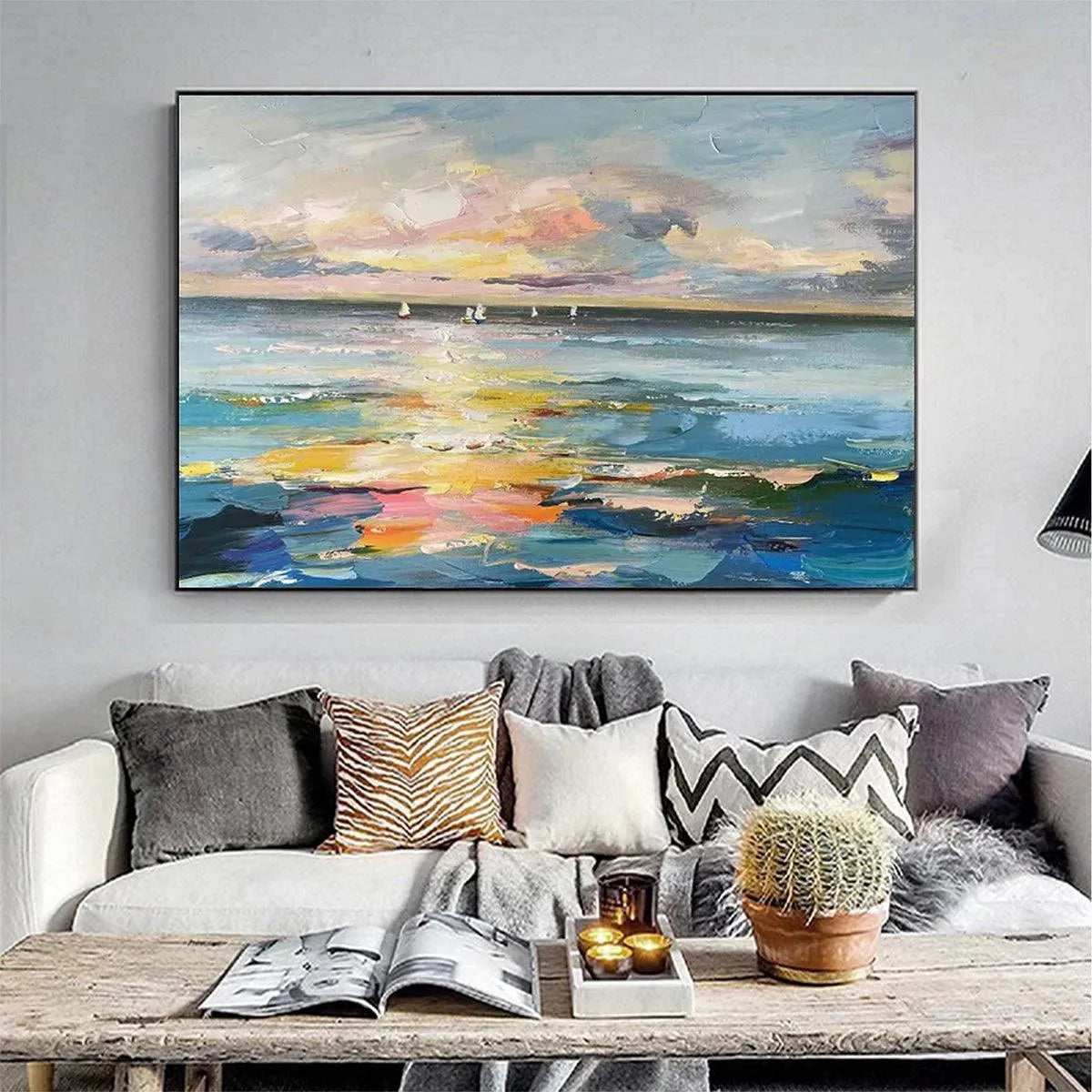 SUNSET SAIL: Seascape Painting, Impasto Texture, Ocean View, Panoramic Wall Art, Horizontal - Image 9
