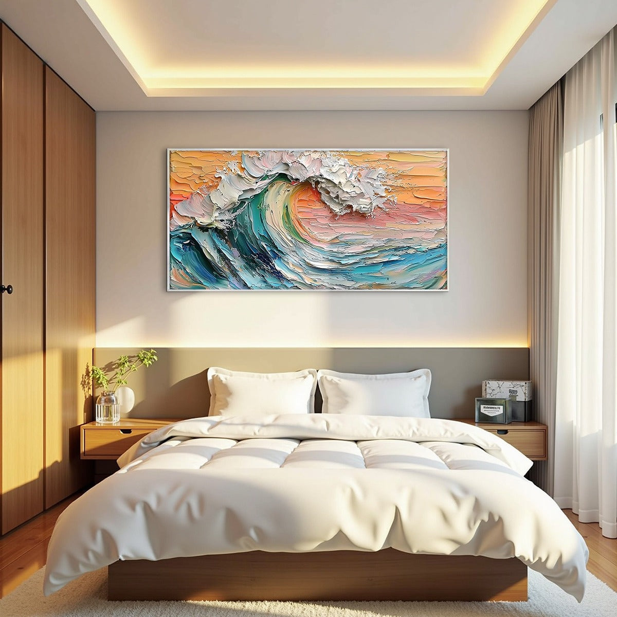 SUNSET SURGE: Textured Impasto Ocean Wave Oil Painting - Image 7