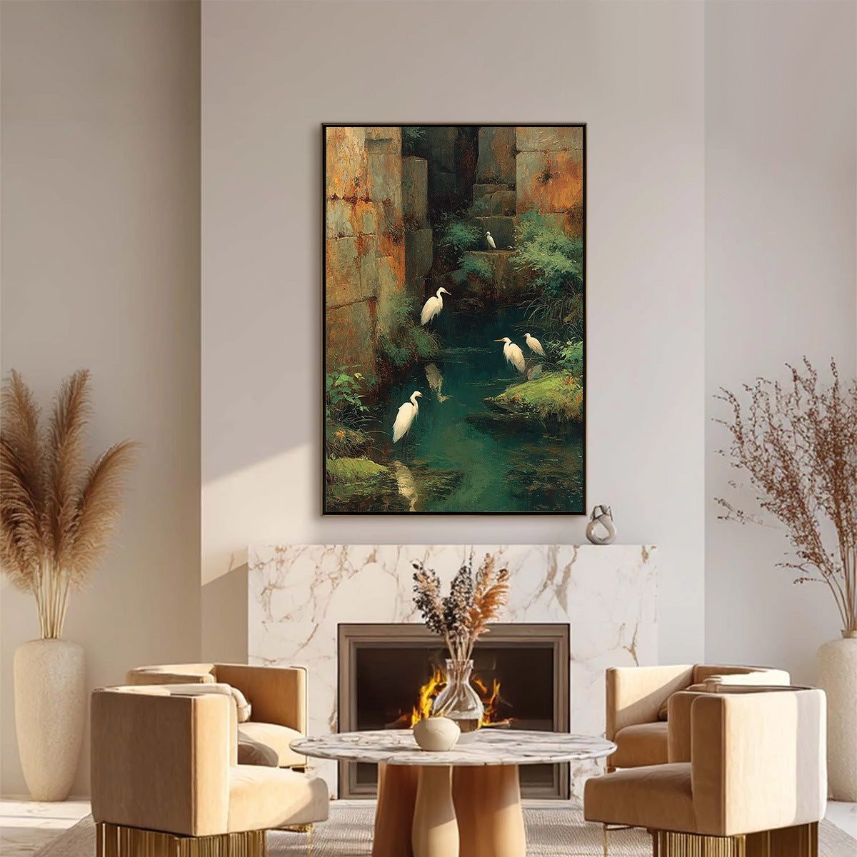 THE FORGOTTEN OASIS: Vertical Egret Painting of Birds in a Serene Natural Sanctuary - Image 2