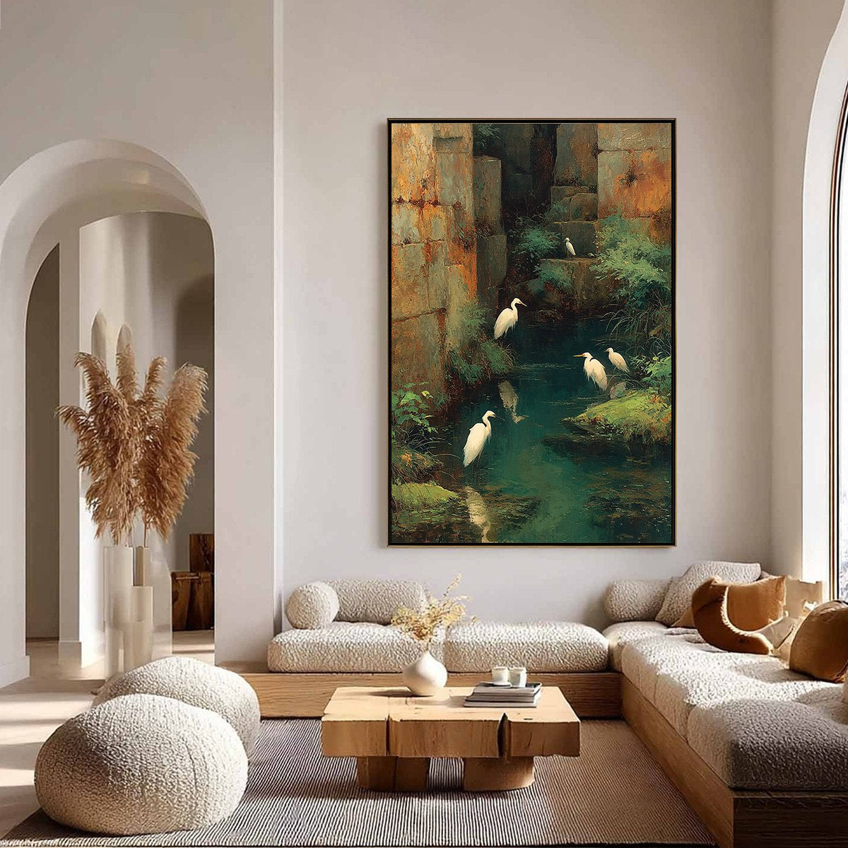 THE FORGOTTEN OASIS: Vertical Egret Painting of Birds in a Serene Natural Sanctuary - Image 4