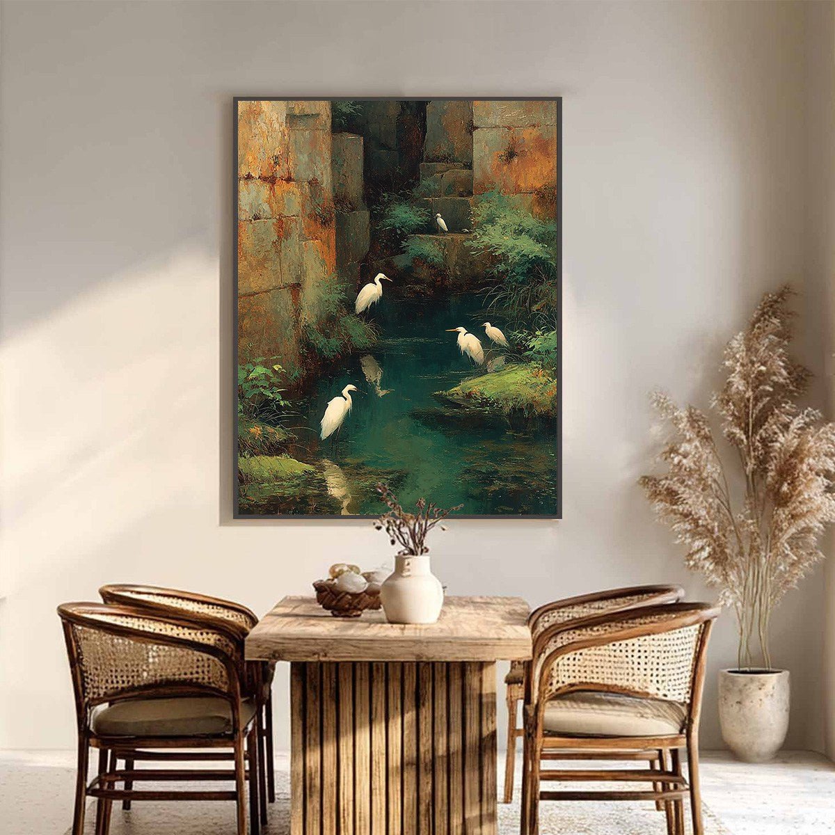 THE FORGOTTEN OASIS: Vertical Egret Painting of Birds in a Serene Natural Sanctuary - Image 6