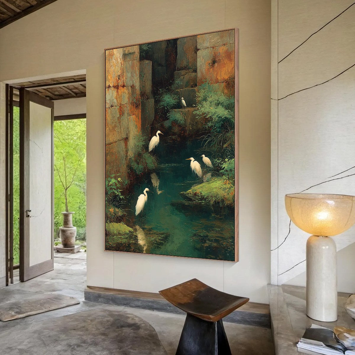 THE FORGOTTEN OASIS: Vertical Egret Painting of Birds in a Serene Natural Sanctuary - Image 7
