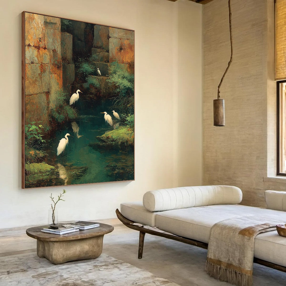 THE FORGOTTEN OASIS: Vertical Egret Painting of Birds in a Serene Natural Sanctuary - Image 8