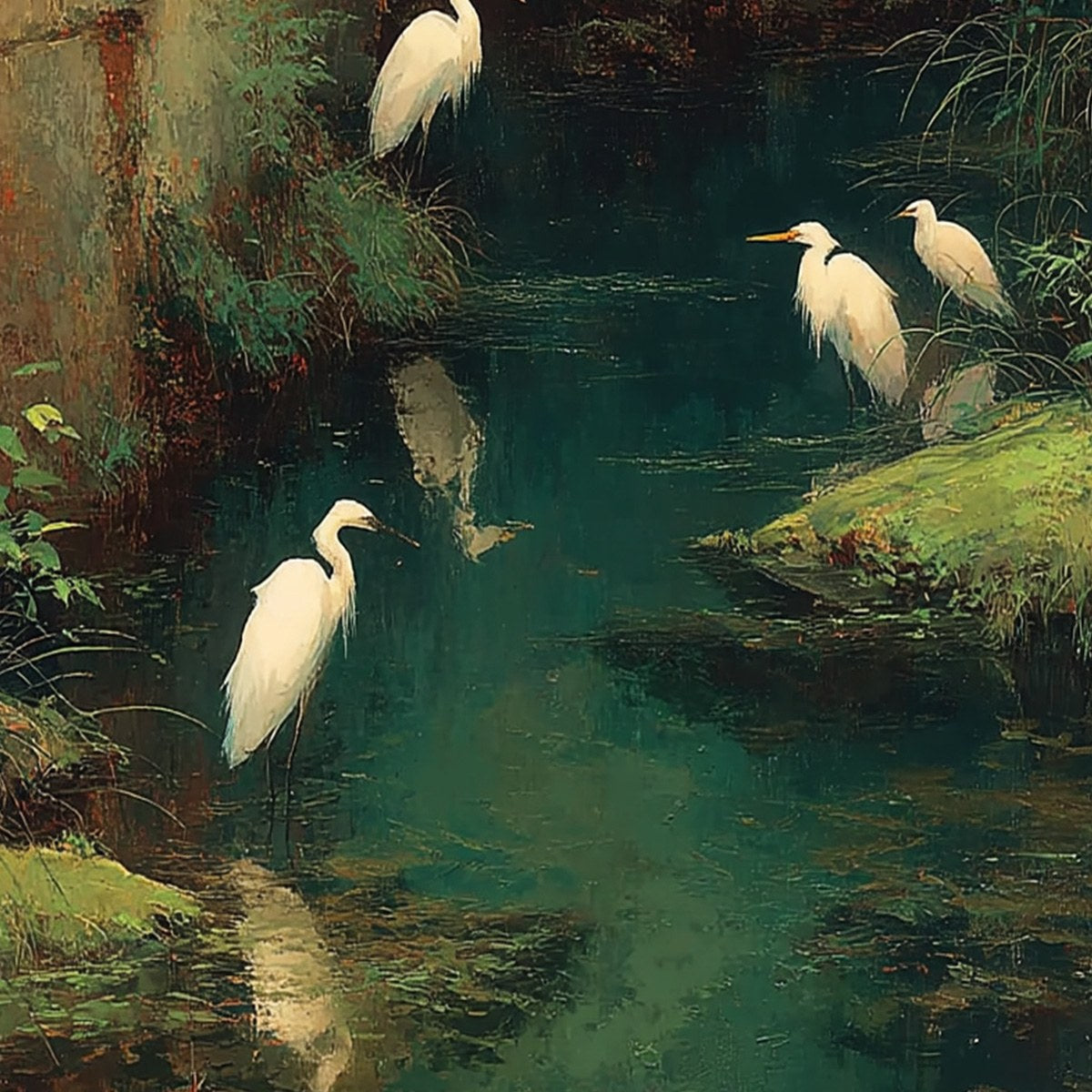 THE FORGOTTEN OASIS: Vertical Egret Painting of Birds in a Serene Natural Sanctuary - Image 3