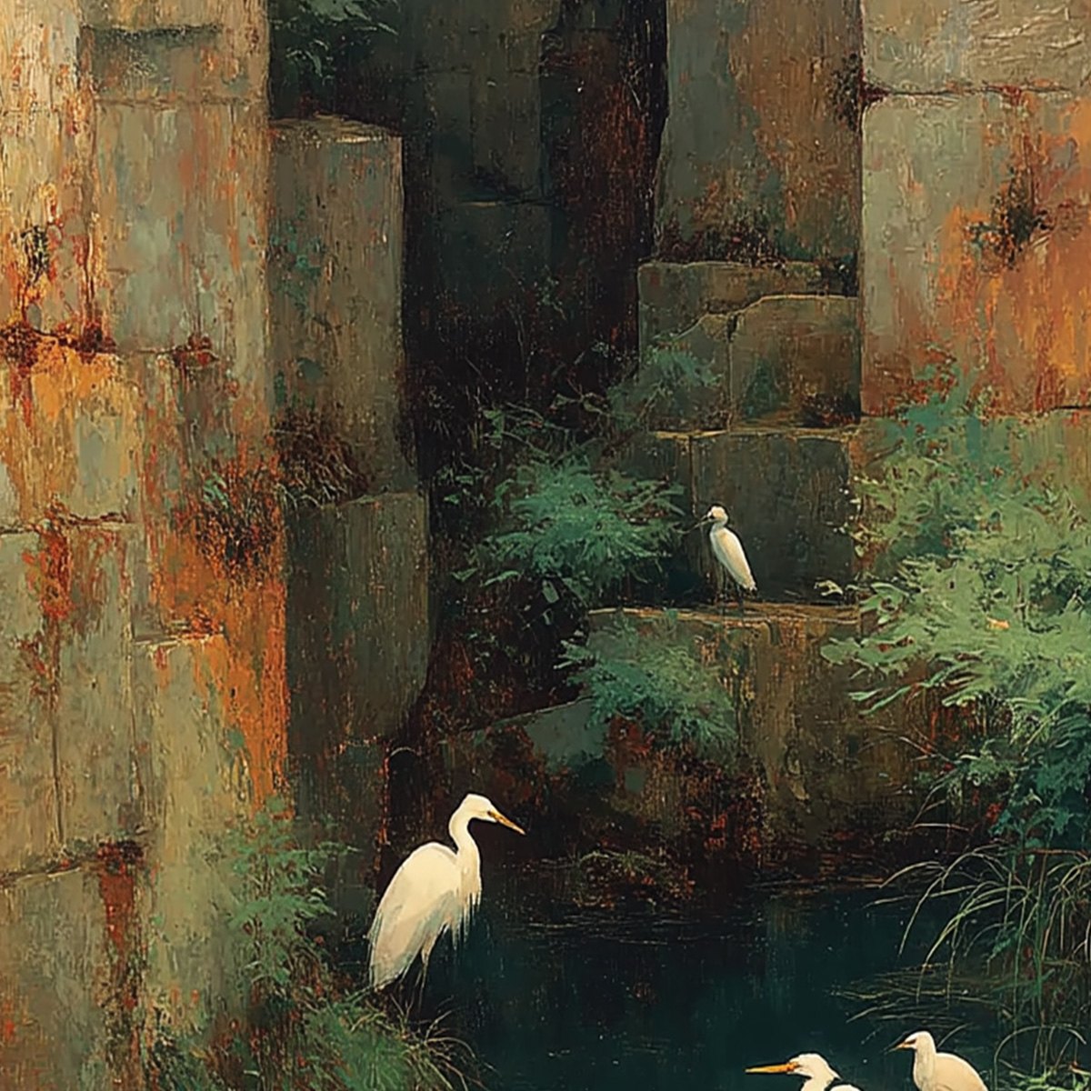 THE FORGOTTEN OASIS: Vertical Egret Painting of Birds in a Serene Natural Sanctuary - Image 5