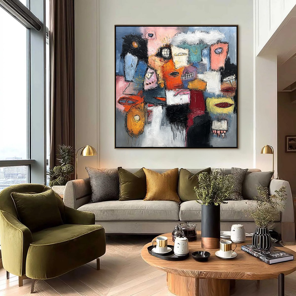 THE GATHERING: Large Colorful Square Abstract Impasto Wall Art - Image 2