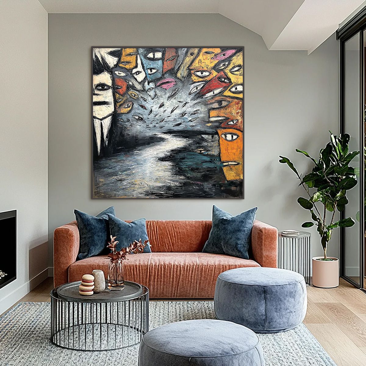 THE GATHERING: Large Square Abstract Figurative Impasto Painting - Image 2