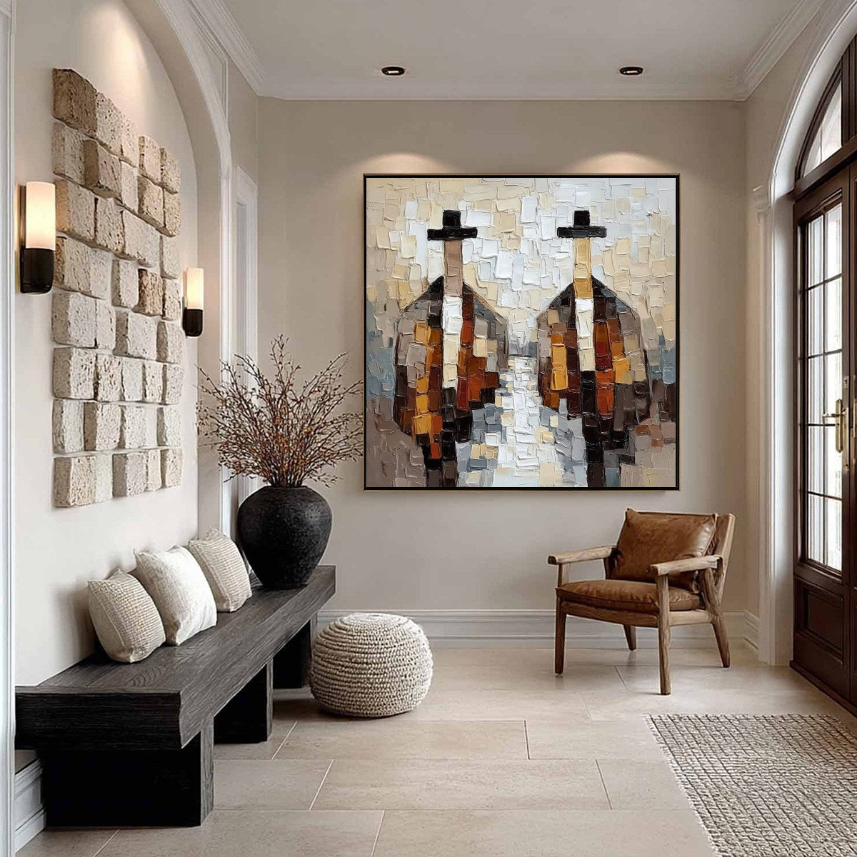 THE GENTLEMEN'S ACCORD: Textured Abstract Painting of Three Figures - Image 6