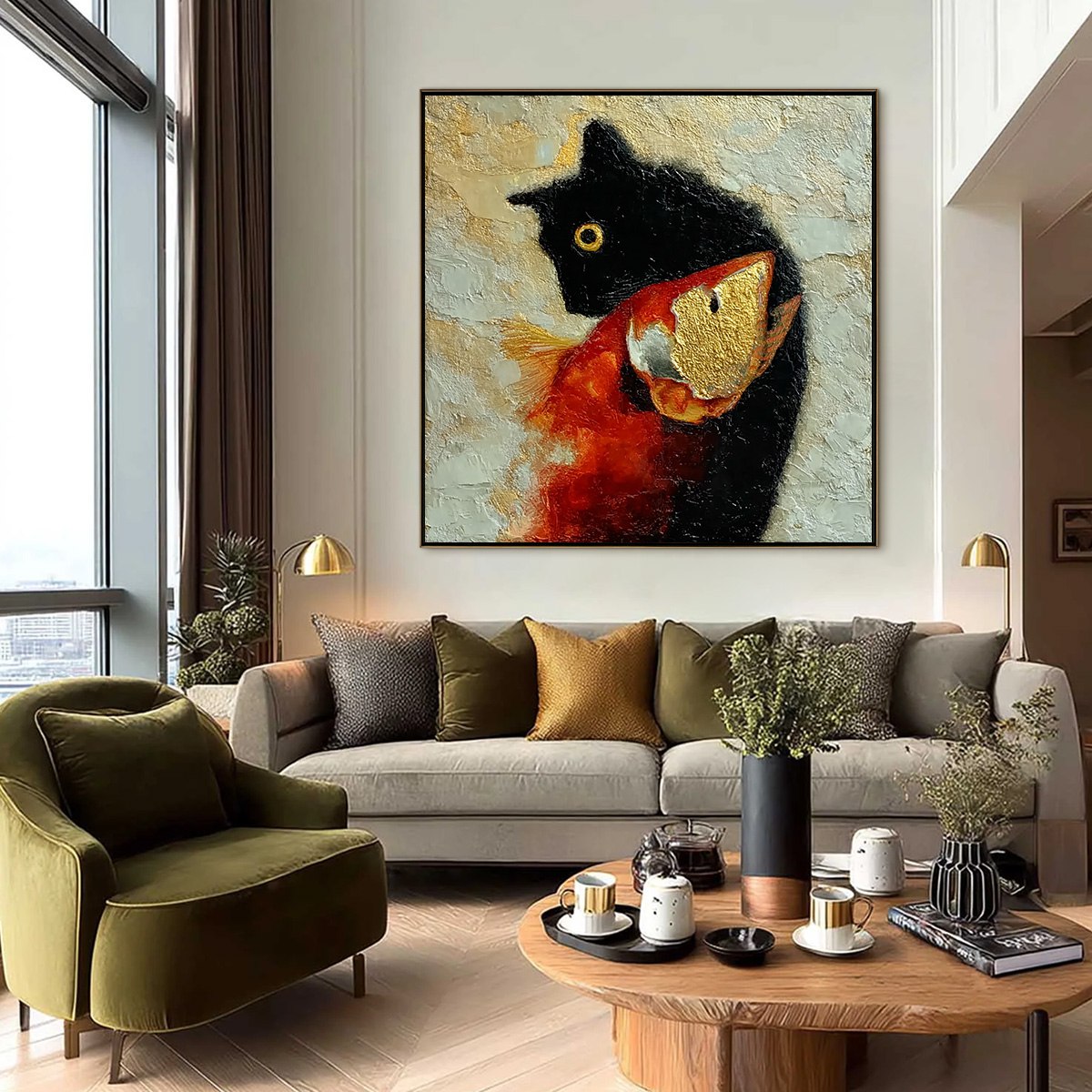 THE GOLDEN CATCH: Textured Impasto Painting of a Cat and Fish - Image 6