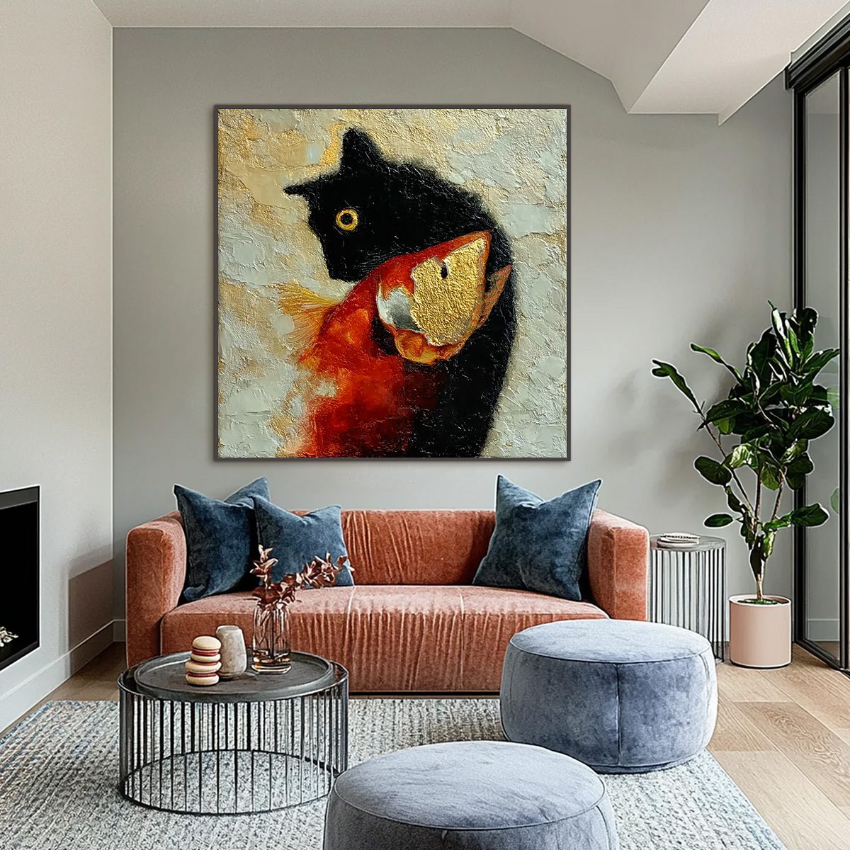 THE GOLDEN CATCH: Textured Impasto Painting of a Cat and Fish - Image 2