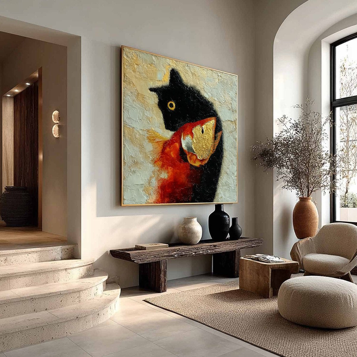 THE GOLDEN CATCH: Textured Impasto Painting of a Cat and Fish - Image 8