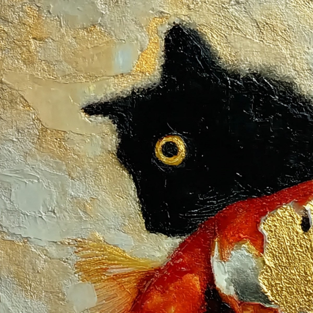 THE GOLDEN CATCH: Textured Impasto Painting of a Cat and Fish - Image 3