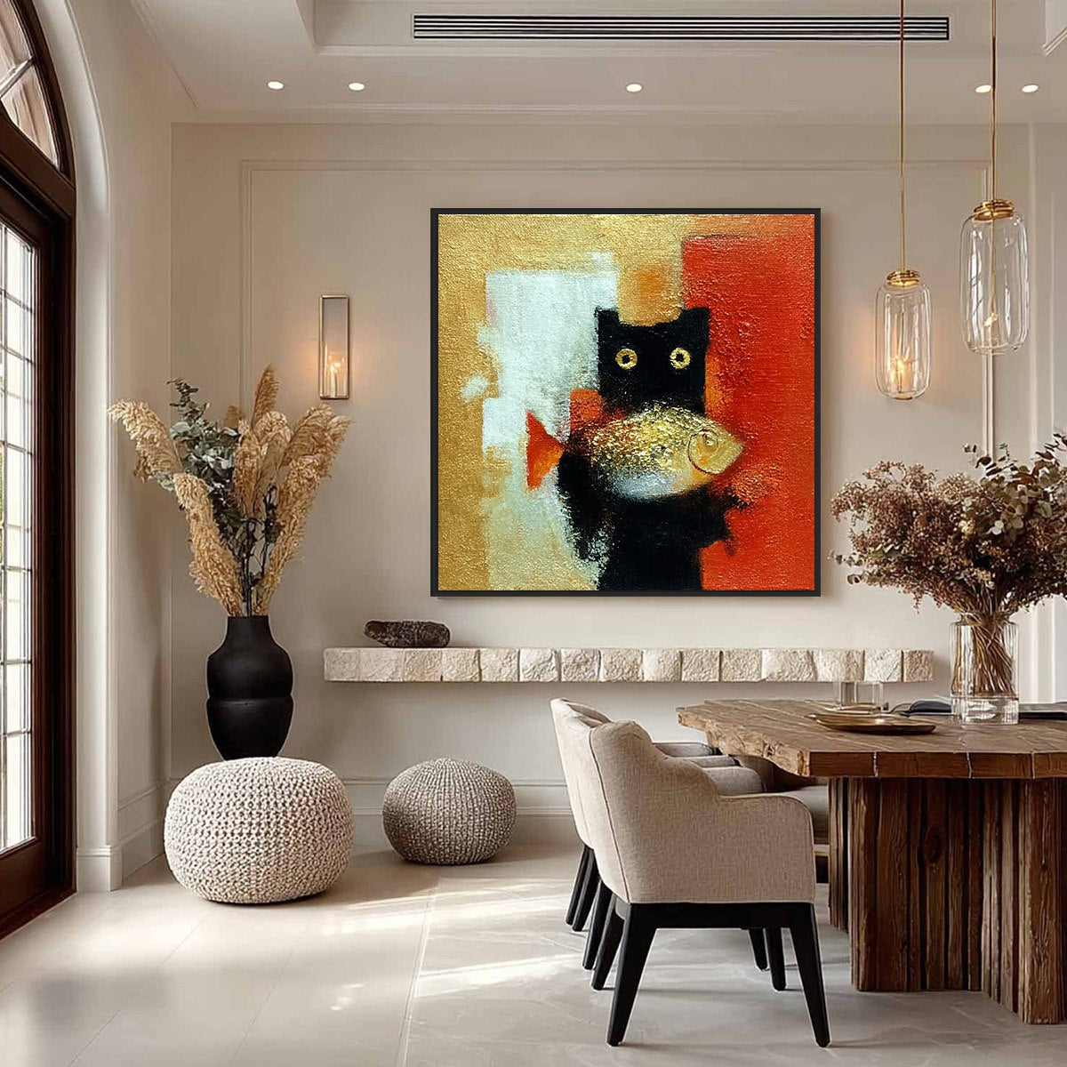 THE GOLDEN CATCH: Whimsical Abstract Black Cat with Golden Fish Painting - Image 4