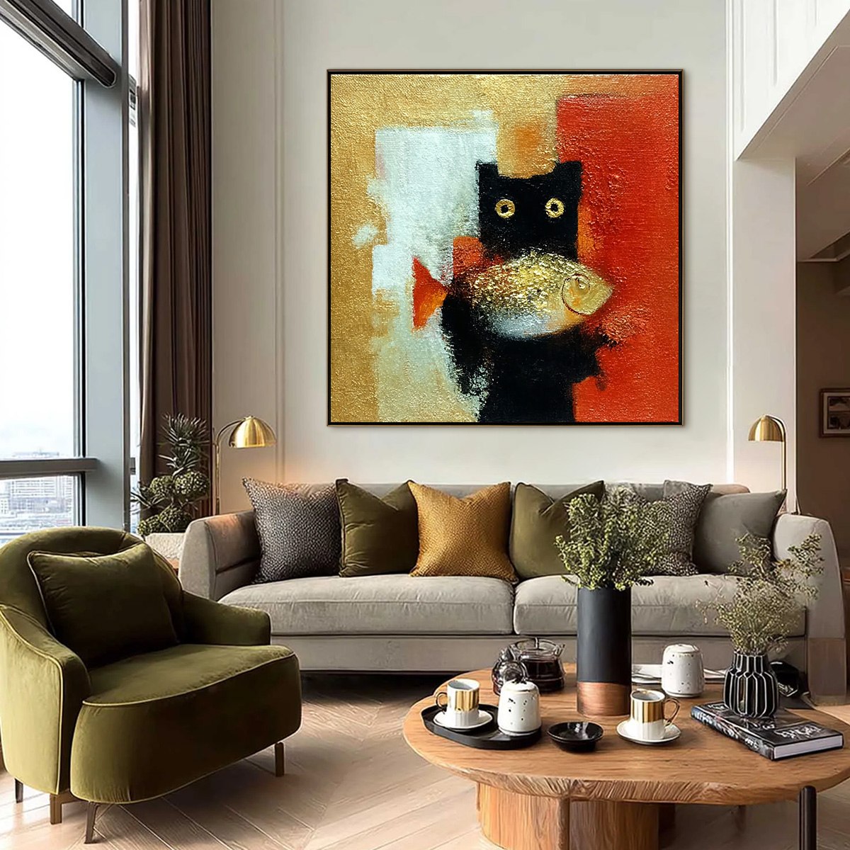 THE GOLDEN CATCH: Whimsical Abstract Black Cat with Golden Fish Painting - Image 6