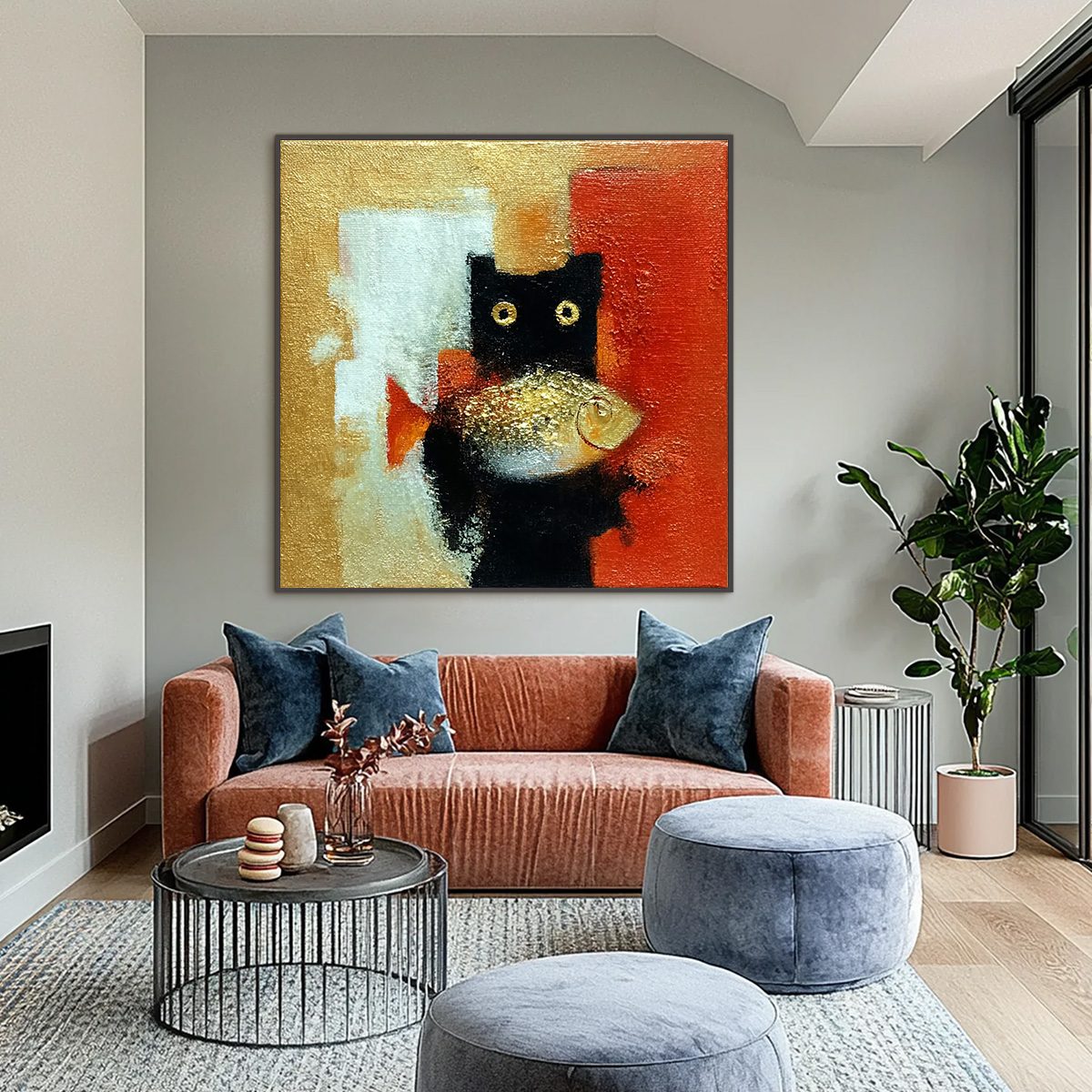 THE GOLDEN CATCH: Whimsical Abstract Black Cat with Golden Fish Painting - Image 2