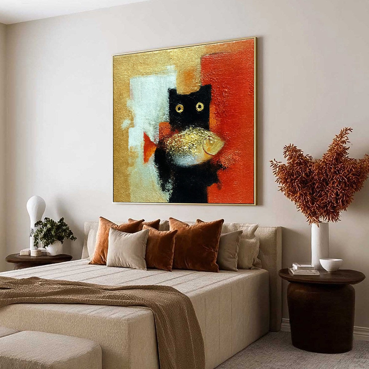 THE GOLDEN CATCH: Whimsical Abstract Black Cat with Golden Fish Painting - Image 7