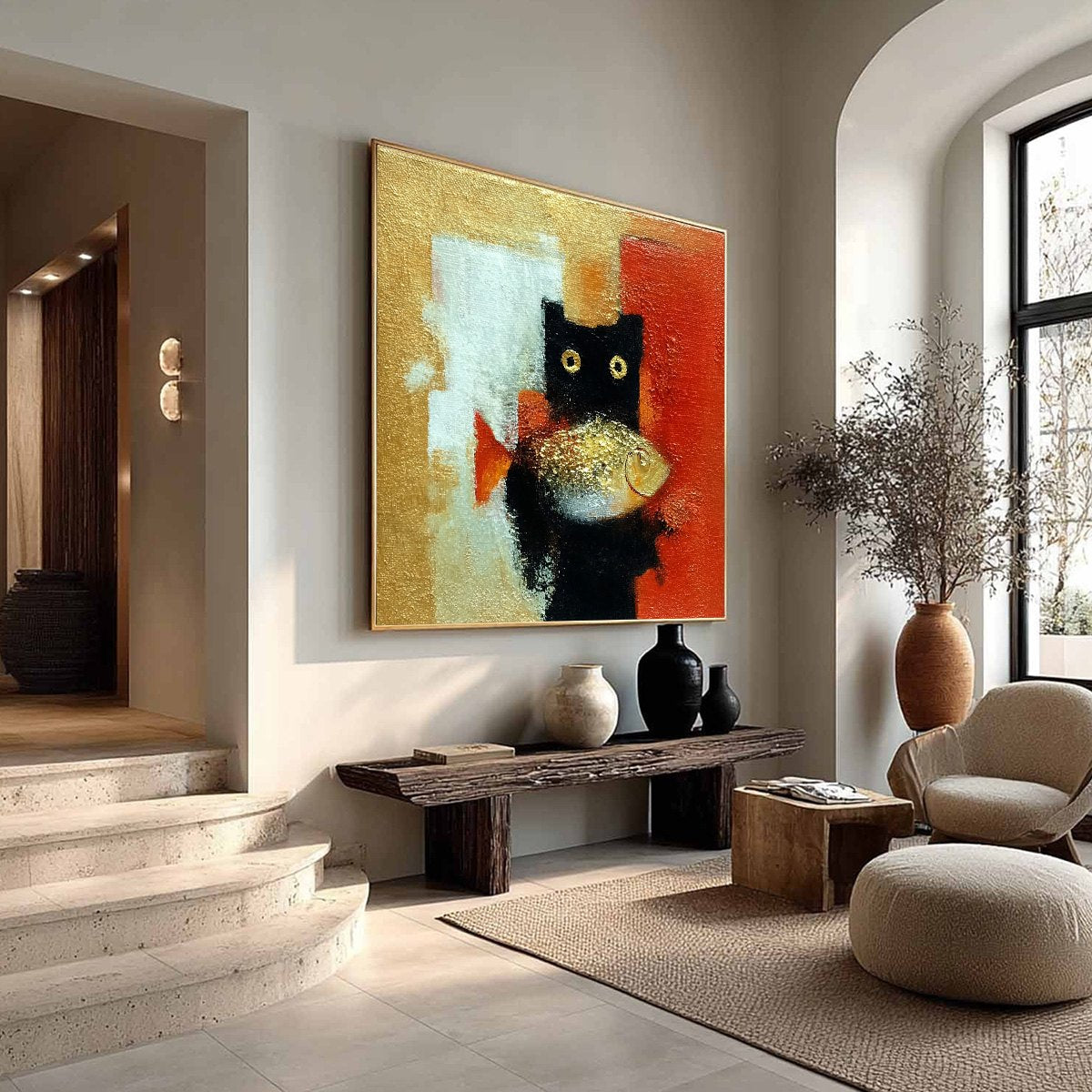 THE GOLDEN CATCH: Whimsical Abstract Black Cat with Golden Fish Painting - Image 8