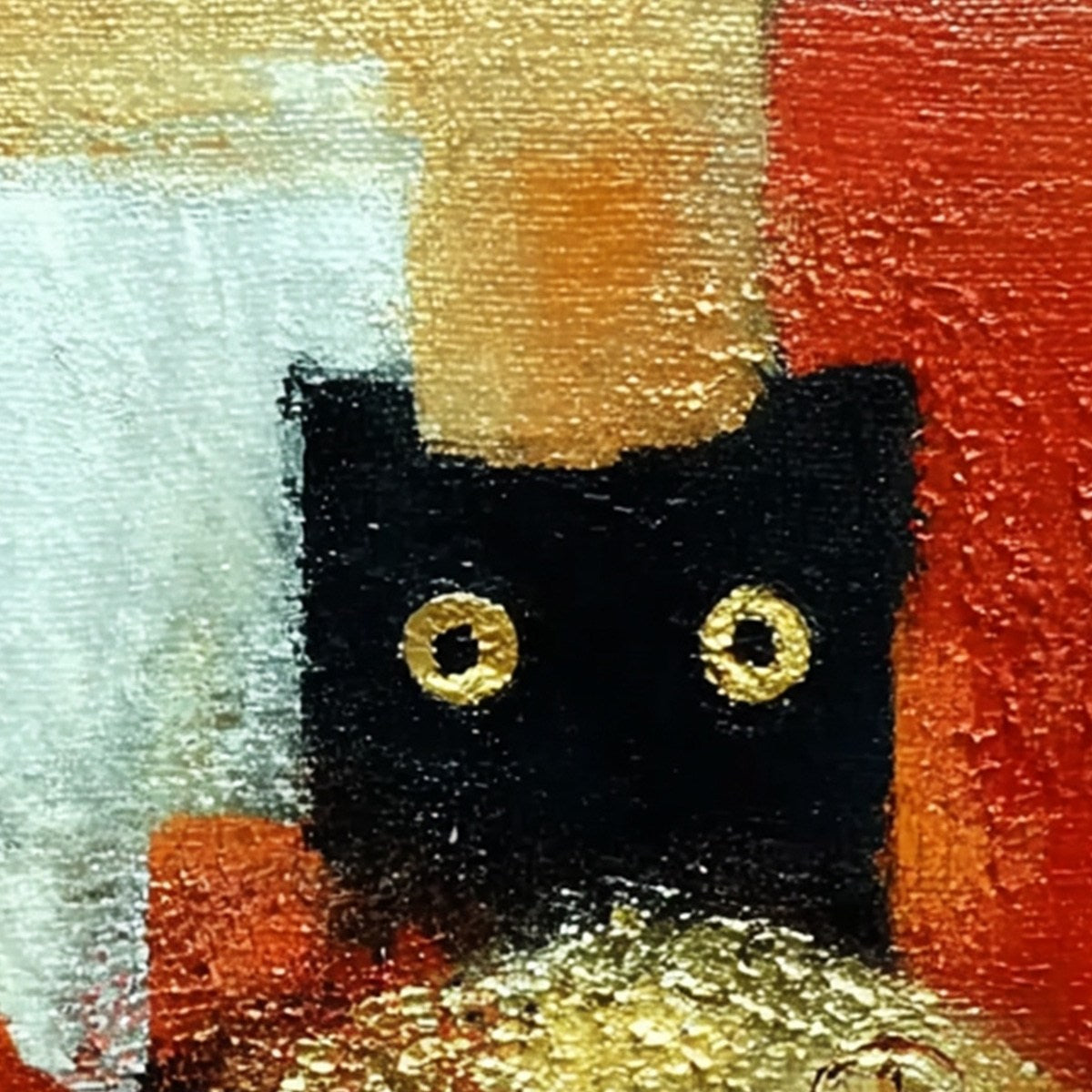 THE GOLDEN CATCH: Whimsical Abstract Black Cat with Golden Fish Painting - Image 3