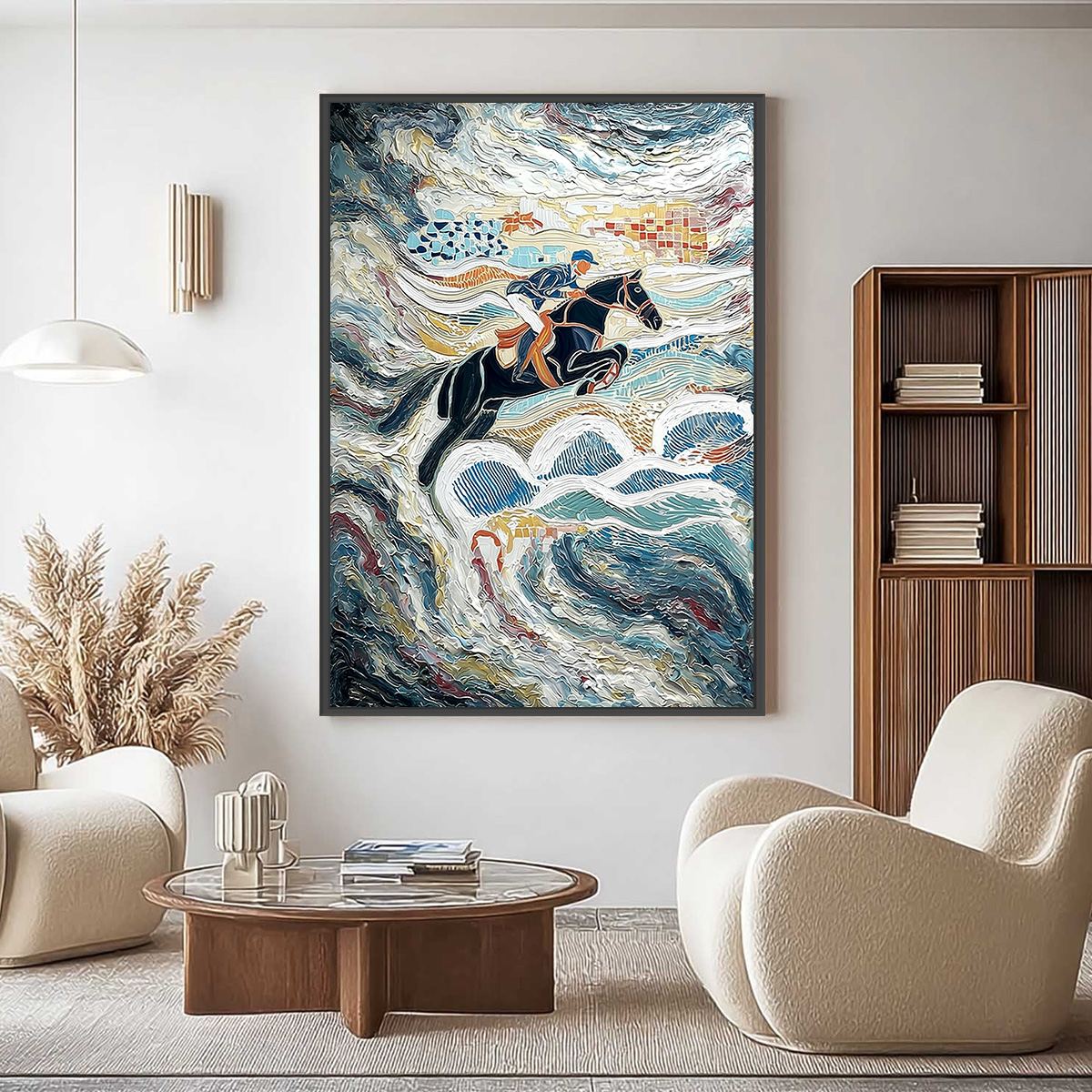 THE GRAND LEAP: Textured Equestrian Sports Painting with Dynamic Motion - Image 2
