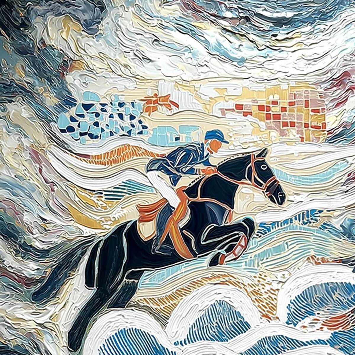 THE GRAND LEAP: Textured Equestrian Sports Painting with Dynamic Motion - Image 3