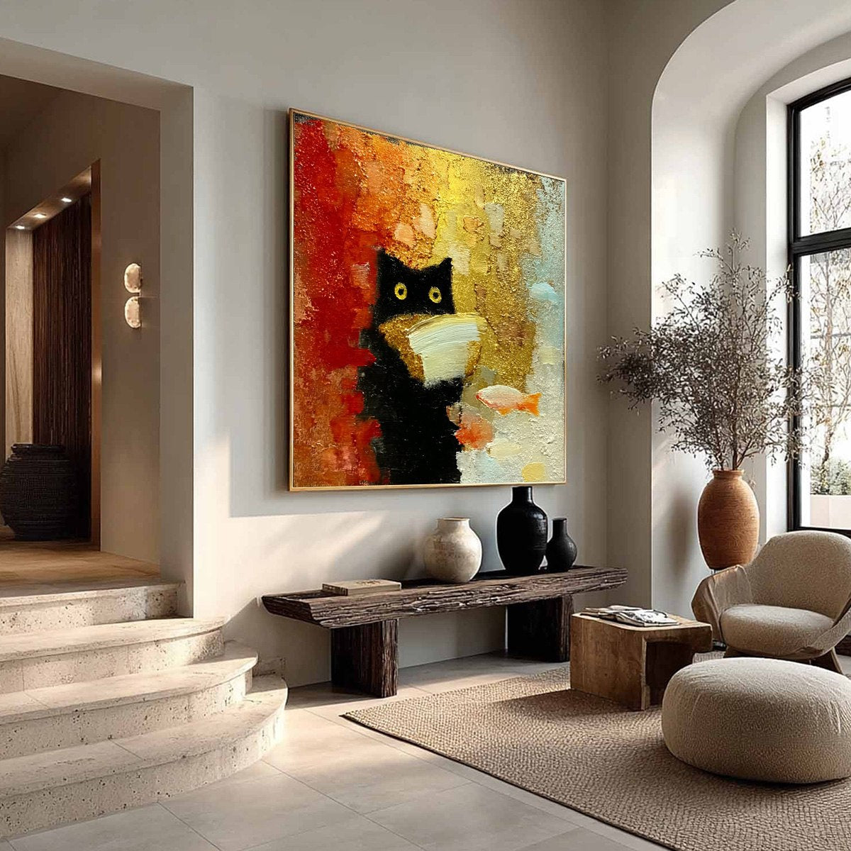 THE MIDNIGHT SCHOLAR: Whimsical Textured Impasto Black Cat Painting - Image 8