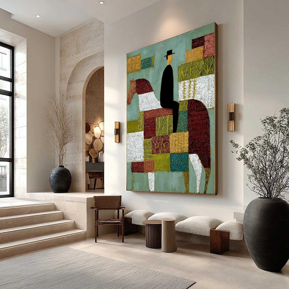 THE PATCHWORK RIDER: Textured Figurative Painting of a Man on a Horse - Image 7